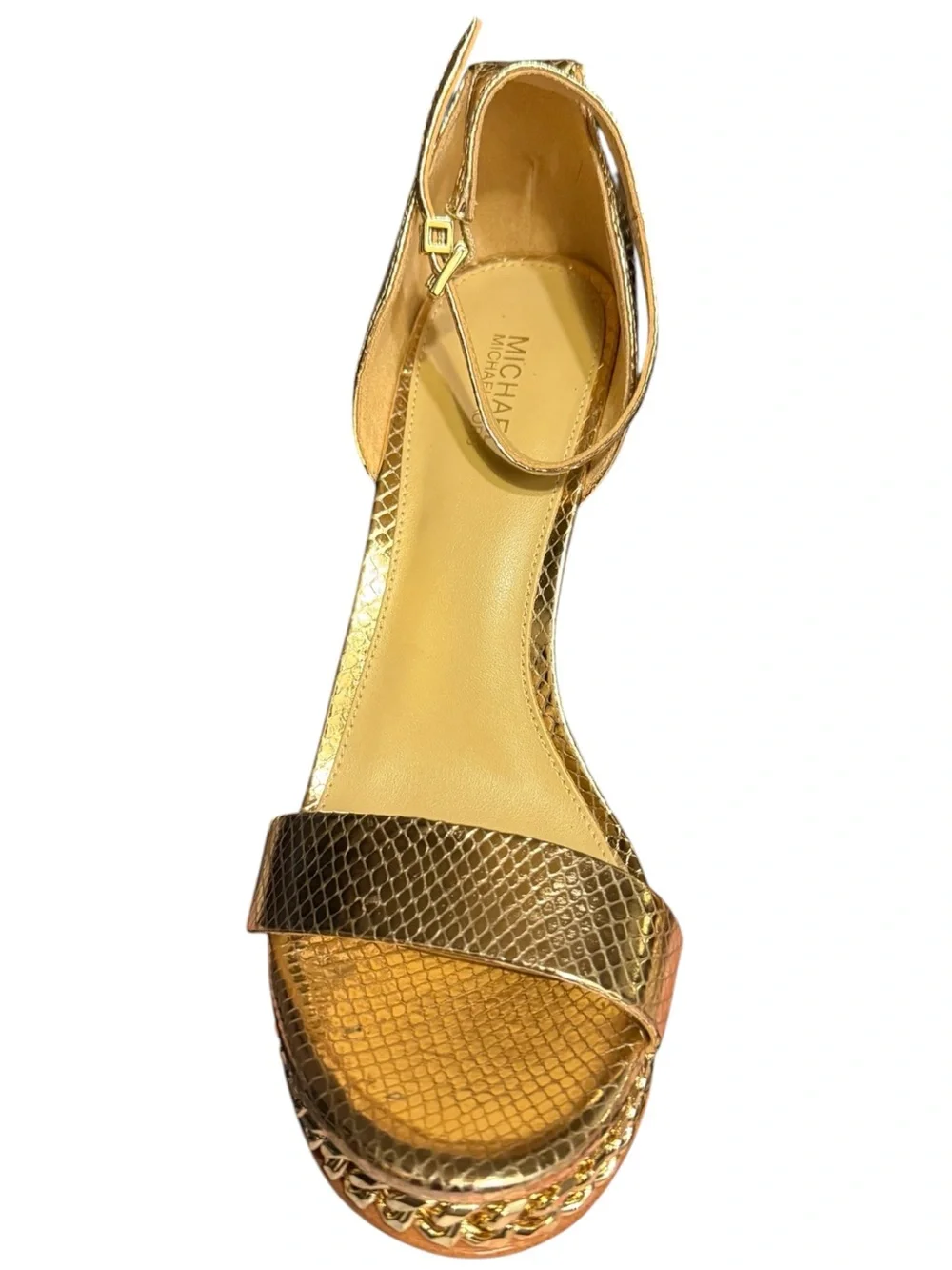 MICHAEL KORS Jordyn Metallic Gold Snake Embossed Leather Platform Sandals Sz 7